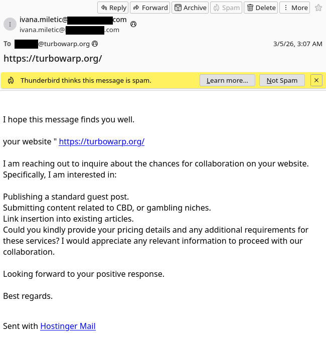 Spam email. Subject: https://turbowarp.org/. Body: Automated email with poor grammar describing that they want to make a guest post on a website that has no concept of a post. They seek to pay to promote CBD and gambling (likely illegal forms of both).