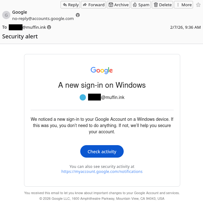 Email from no-reply@accounts.google.com. Subject: Security alert. Body: A new sign-on on Windows.