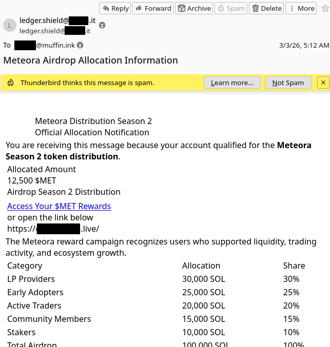 Spam email. Subject: Meteoroa Airdrop Allocation Information. Body: Describing various cryptocurrency scam garbage.