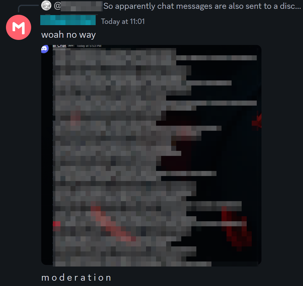 Screenshot of a Blocklive moderator posting a screenshot in a public channel containing more than 30 chat messages between users.
